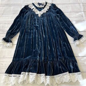 Petite Amalie Blue Velvet Dress with Vintage Lace